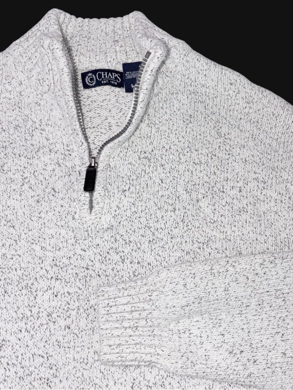 Chaps Mens Large Speckled Cream Gray 1/4 Zip Cotton Blend Pullover Sweater